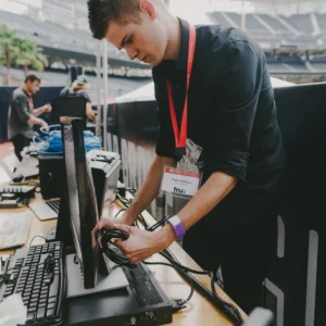 Impractically Speaking Live crew member setting up