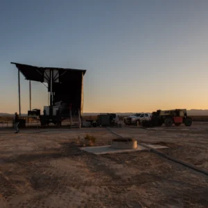 Blue Origin NS 31 trucks sunset