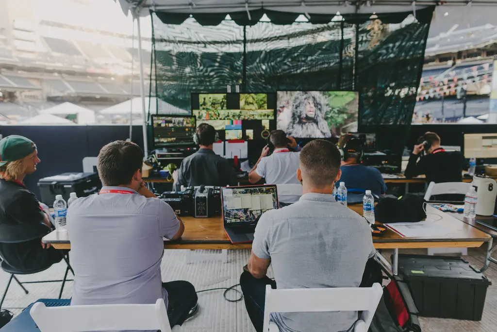 Live Production Crew Monitoring Live Program in Control Room Live Production Crew Monitoring Live Program in Control Room